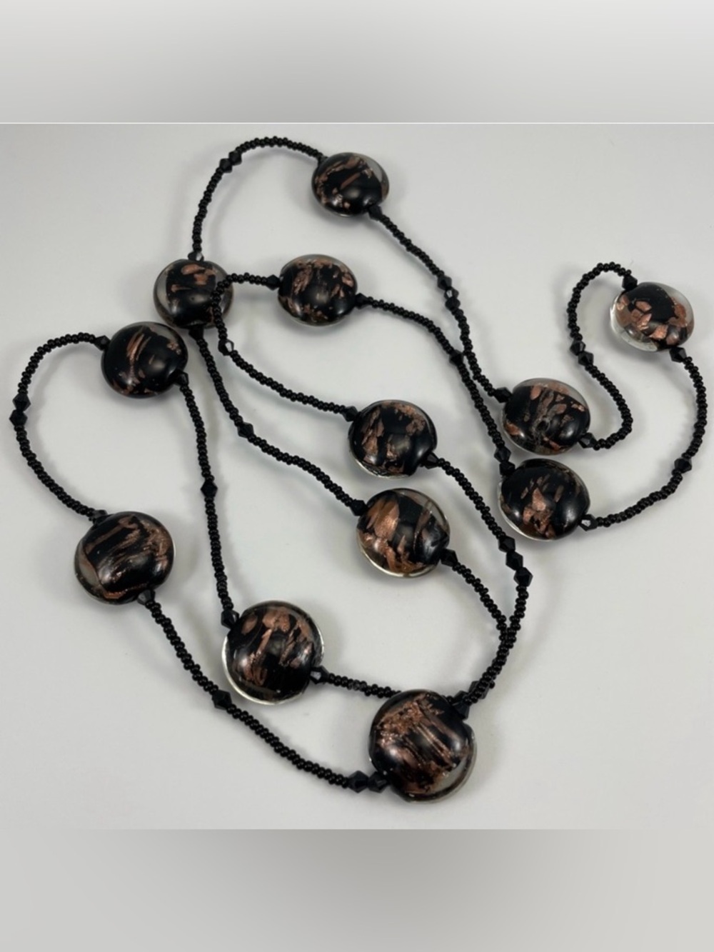 Murano Glass Black Iridescent Copper Beaded Necklace Statement Classic Chunky